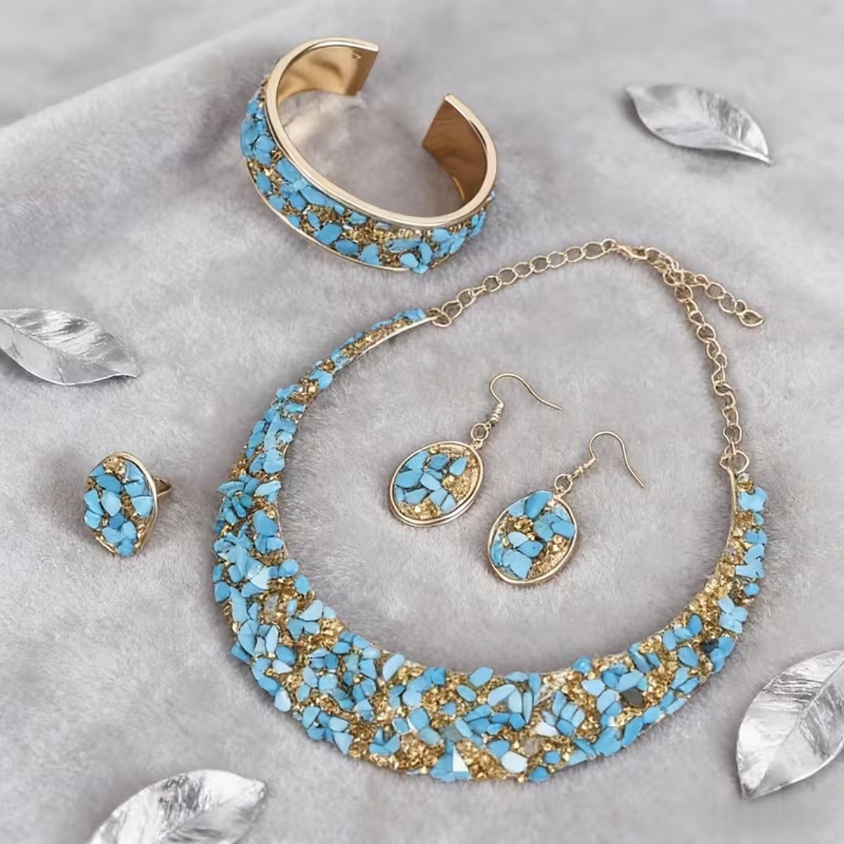 My Sweet Romance® 4-delige Dames Sieradenset – Blue & Gold – Ketting, Armband, Ring & Oorbellen.