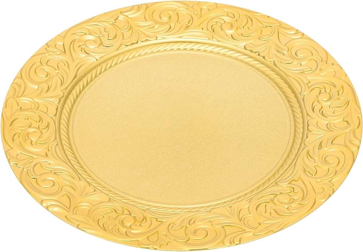 100 stuks gouden ronde serveerborden set met versierde reliëfpatroon, luxe decoratieve borden voor bruiloft, banket, feest, catering, dessert, taart, diner, feestelijke tafeldecoratie