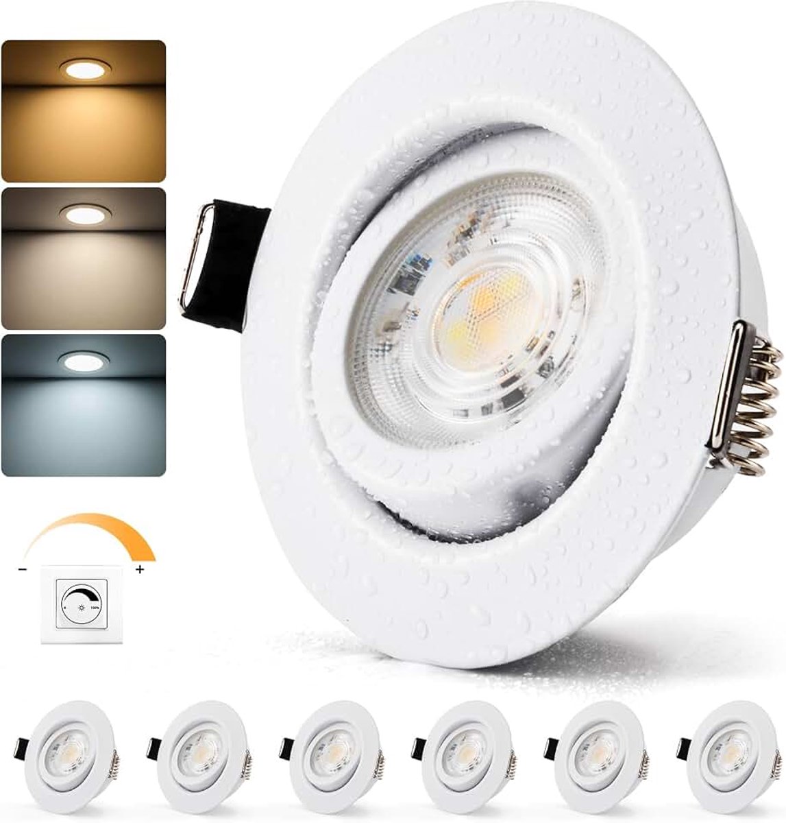 LED spots inbouwspot 230V dimbaar IP44 metaal wit | 68 mm - 80 mm gatmaat, warmwit, koudwit, neutraal wit, 7 W plafondspots voor badkamer, keuken, woonkamer, set van 6