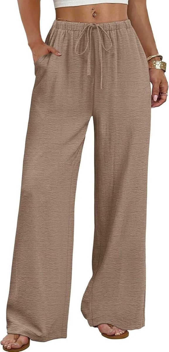 Broek met wijde pijpen voor dames, vloeiende palazzo-broek met manchetten, elastische taille en zakken, zomerkleding, badvakantiekleding