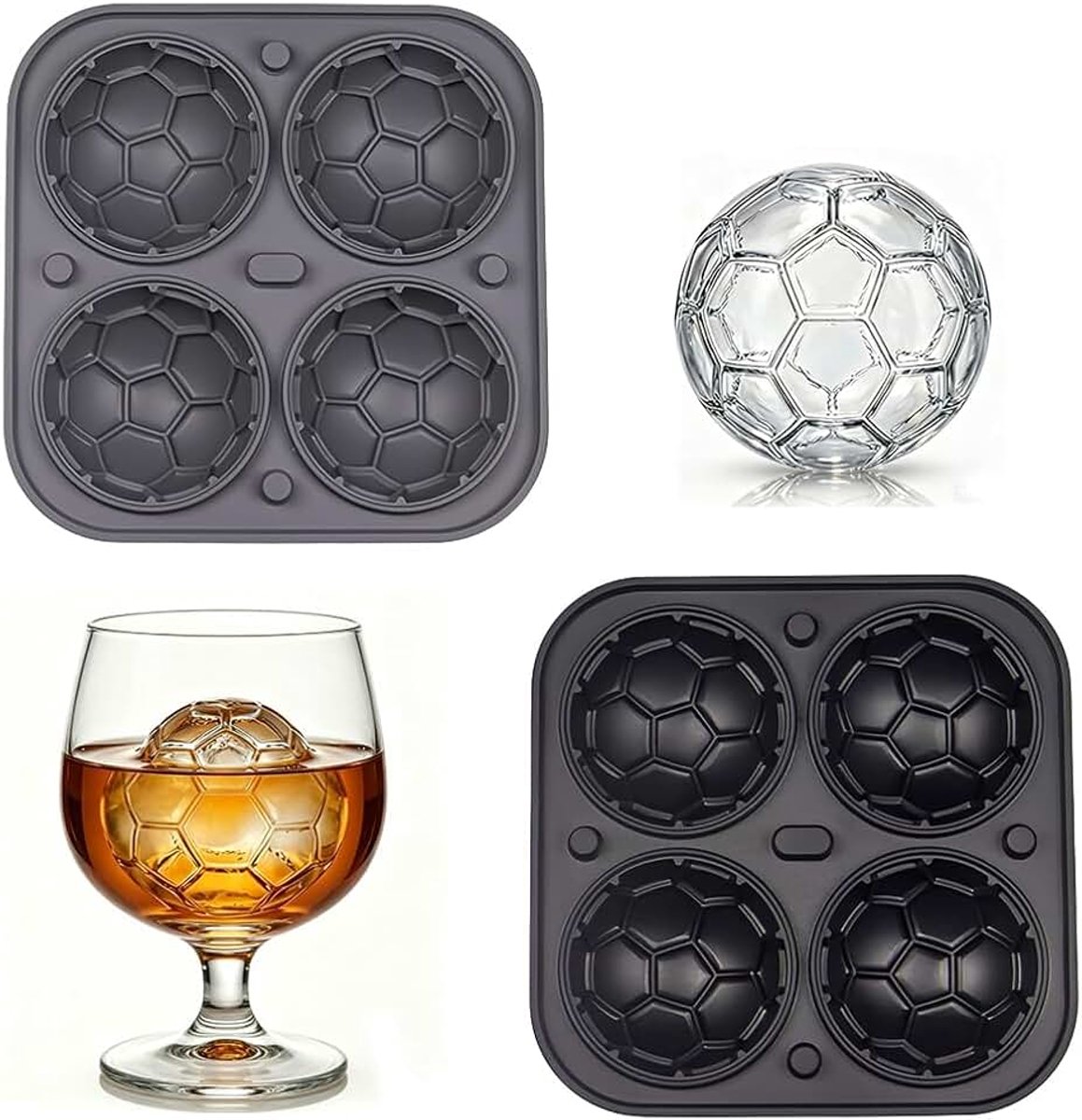 2 Stuks Voetbalvorm Voor Ijsblokjes, Siliconen Bolvorm Voor Ijs En Chocolade, Voor Het Maken Van 4 Grote Ijsballen Om Whiskycocktails En Andere Drankjes Te Koelen, Zwart En Grijs