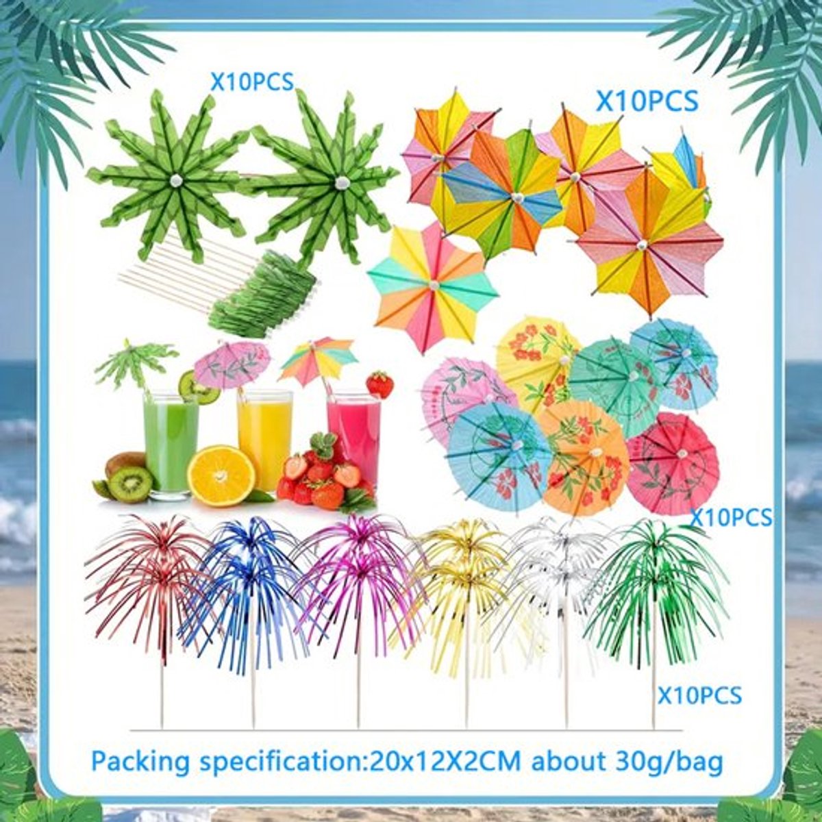 100 cocktailparaplu's, parasols, zonneschermen en paraplulabels; feestartikelen voor een Hawaiiaanse zomer, verkrijgbaar in verschillende kleuren.