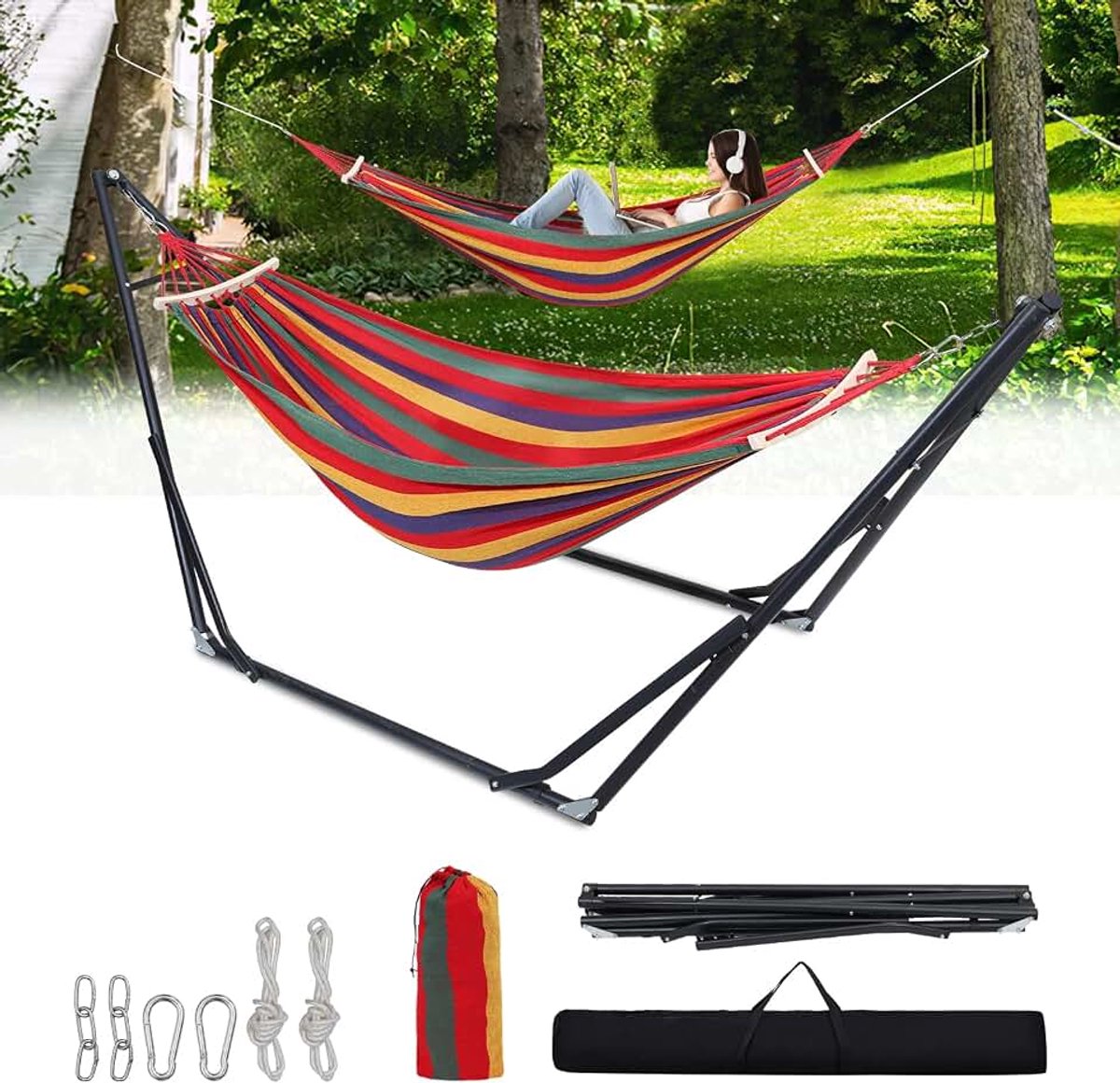 Hangmat met frame, opvouwbaar, dubbele hangmat, 150 kg, belastbaarheid voor indoor, outdoor, tuin, camping, terras, instelbare maat, met draagtas