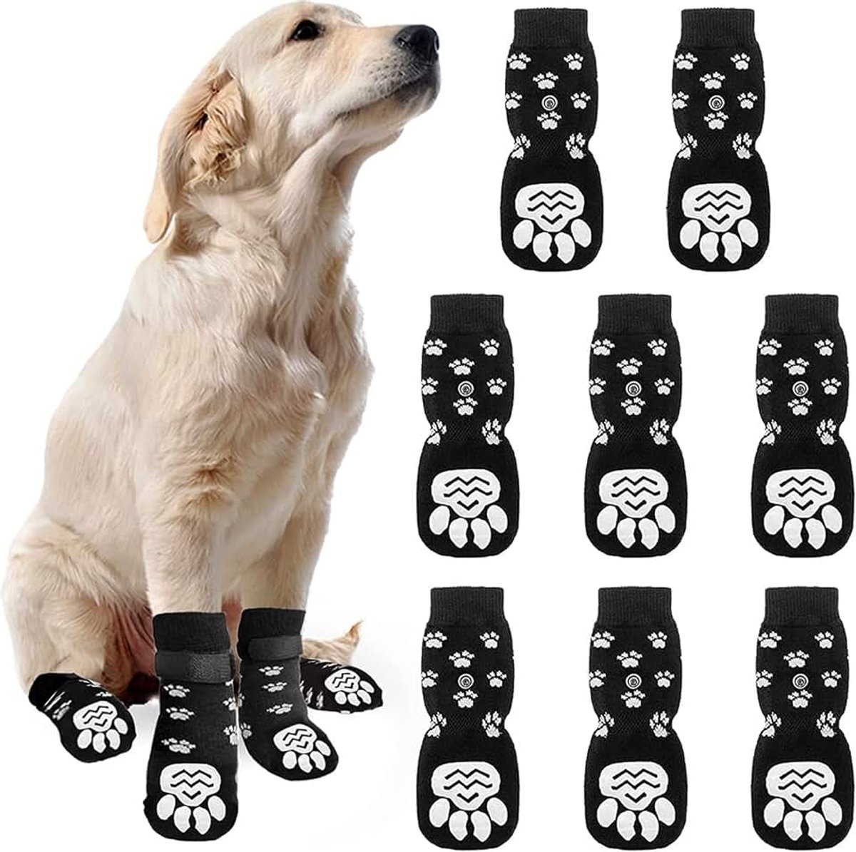 Hondensokken voor binnen, (8 stuks) Anti-slip hondensokken, pootbescherming hond, anti-slip hondensokken met klittenband, een zachte huisdierbeschermer, verbetert de voetafwikkeling