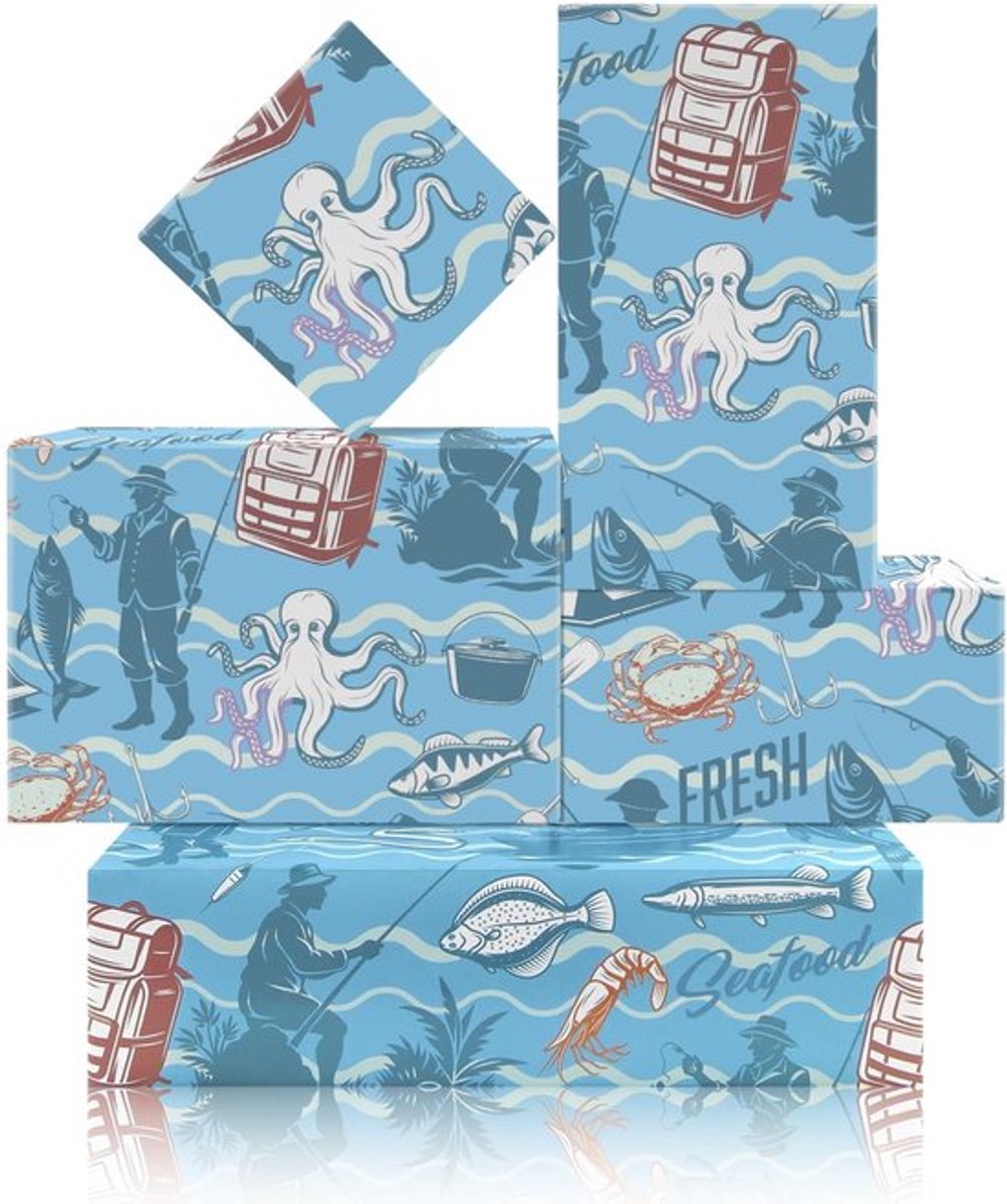 - Vis Cadeaupapier - Oceaan Thema - 4 Vouwbladen - Blauw - Vissen, Octopus, Garnalen en Krab - Perfect voor Vaderdag en Verjaardagen