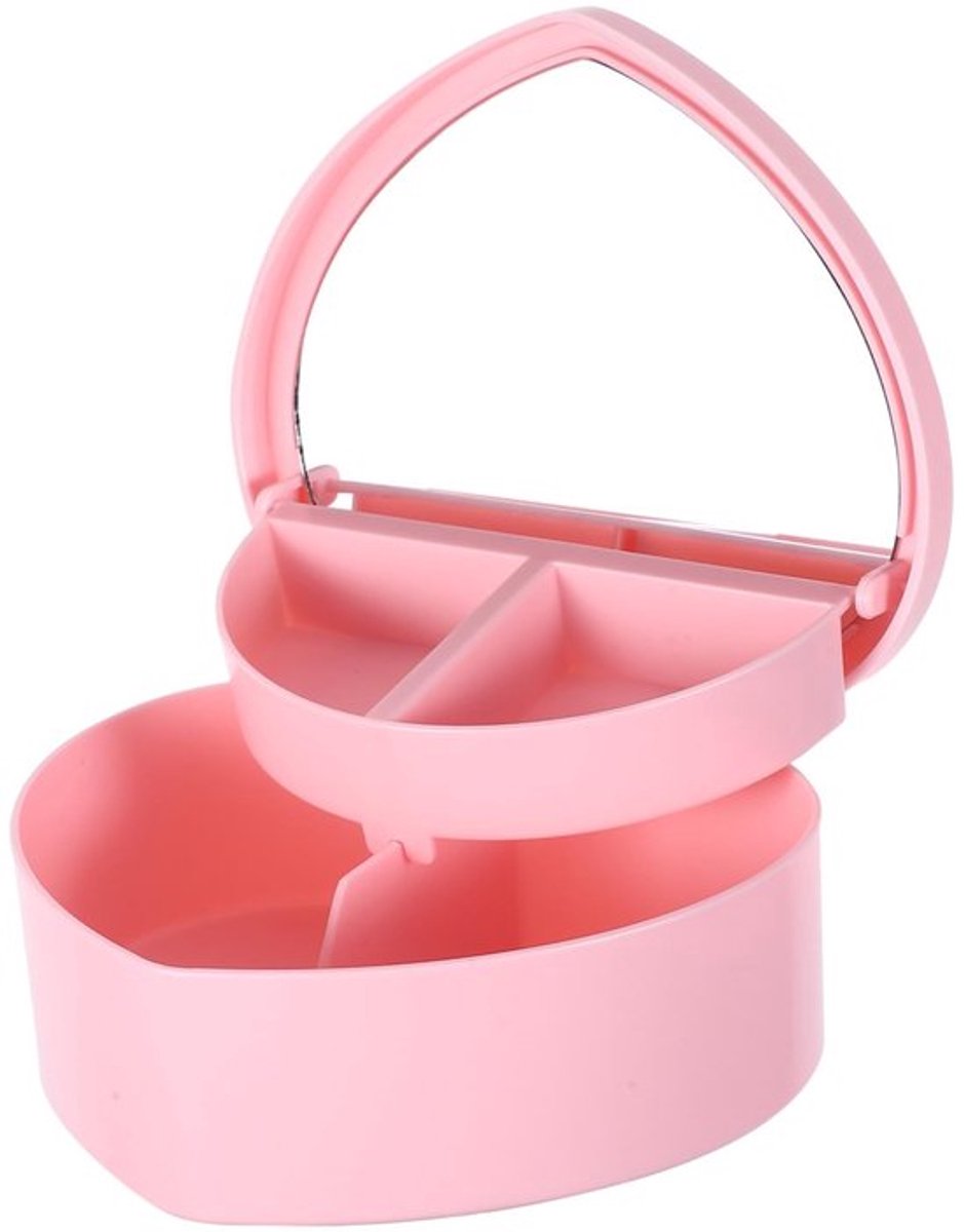 - Sieraden doos - Dubbele laag hartvormige organizer met spiegel - Roze opbergdoos voor ringen en kettingen - Ruimtebesparend en stijlvol -..