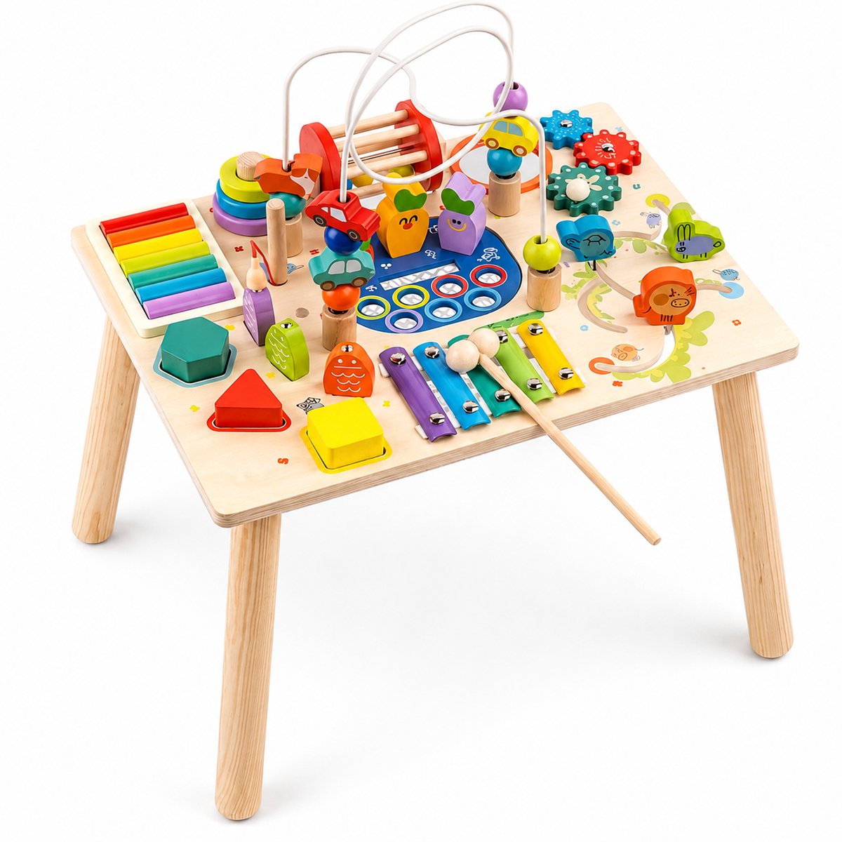 Activiteiten Tafel – Montessori Speelgoed – Speeltafel – Educatief Speelgoed – Alles-in-Één Houten Activiteitentafel – Speelgoed 1 jaar – Speelgoed 2 Jaar – Speelgoed 3 Jaar – Kralenbaan, Xylofoon & Visspel