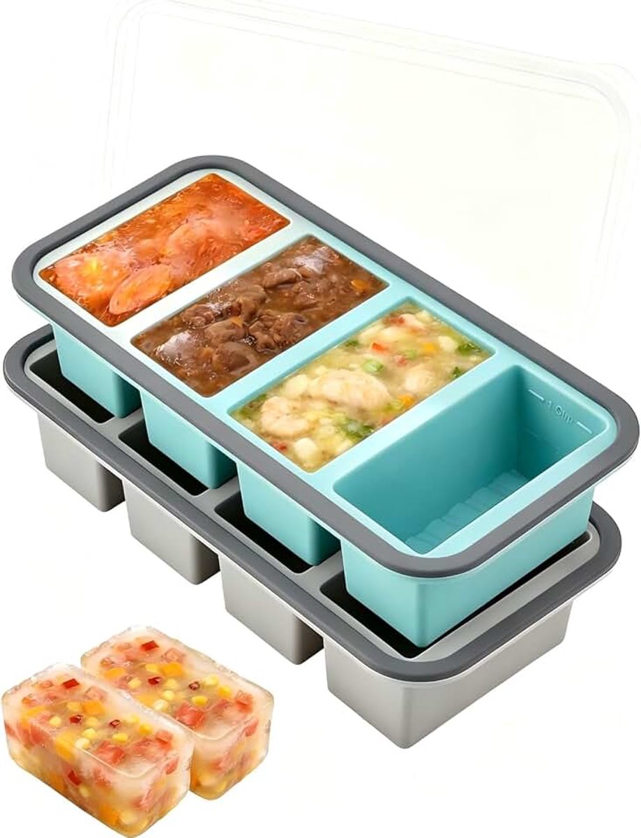 Set van 2 siliconen vriescontainers voor soepen, ijsblokjesvormen voor bouillon, in totaal 8 dobbelstenen, ideaal voor het invriezen, portioneren van maaltijden, restjes en sauzen, 125 ml en 250 ml