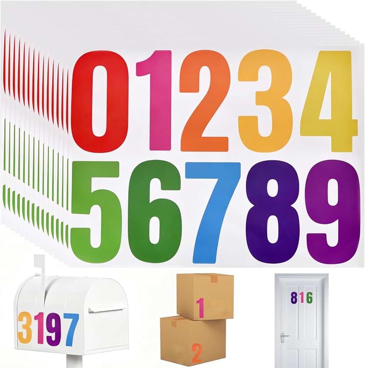 15 vellen cijferstickers, kleurrijk, 10 cm nummerstickers, groot, zelfklevende cijfers, weerbestendig, 0-9 vinyl nummers, zelfklevend, 150 stuks huisnummer zelfklevend voor vuilnisbakken