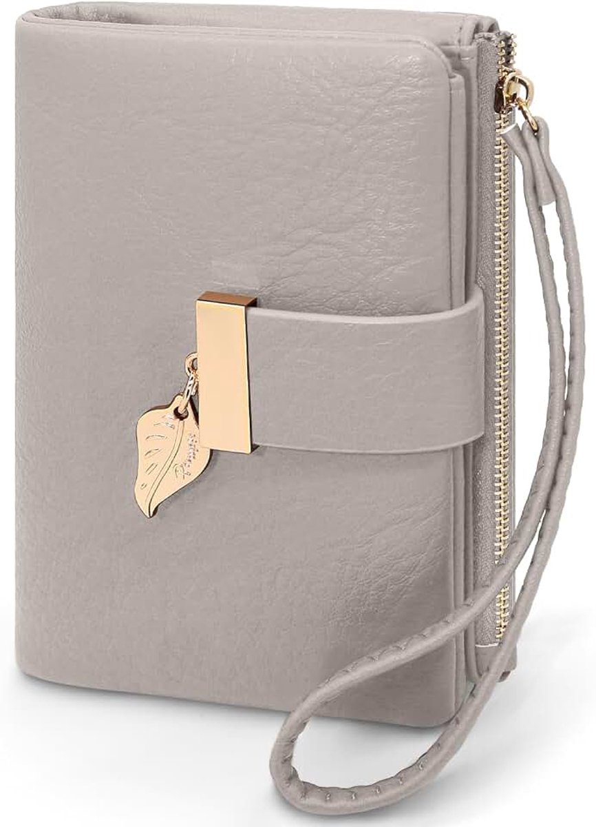 Portemonnee voor dames, portemonnee van PU-leer met ritssluiting, 9 kaartvakken en ID-venster, praktisch design voor dagelijks gebruik, kameelgrijs, 14,9 × 10,5 × 2,5 cm, Retro