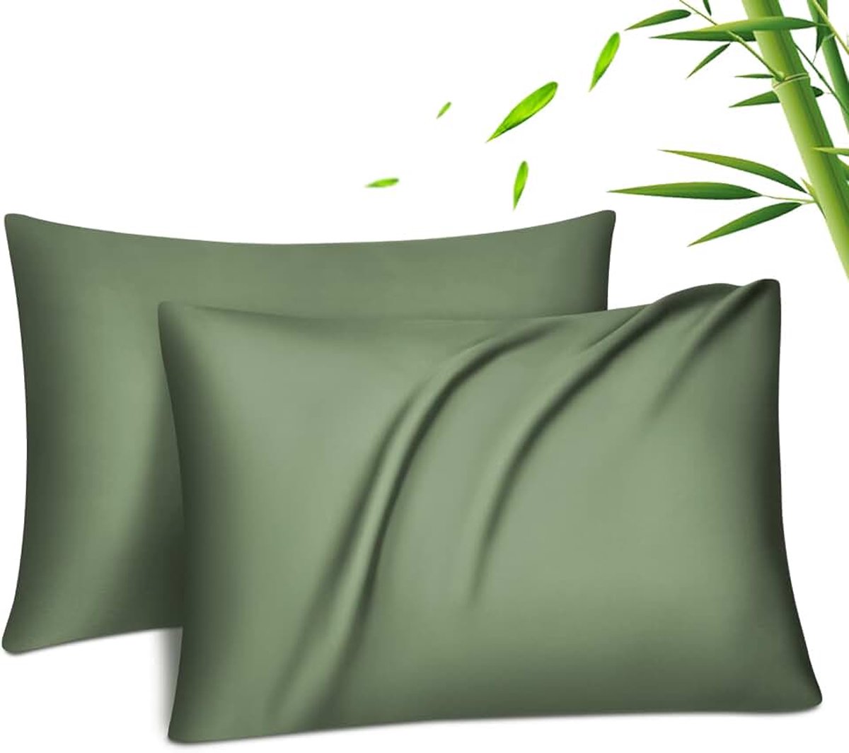 Lyocell set van 2 Bamboe kussensloop Bamboe Vezels Kussensloop Zijdezacht verkoelend ademend met verborgen ritssluiting, bamboegroen, 40x80cm