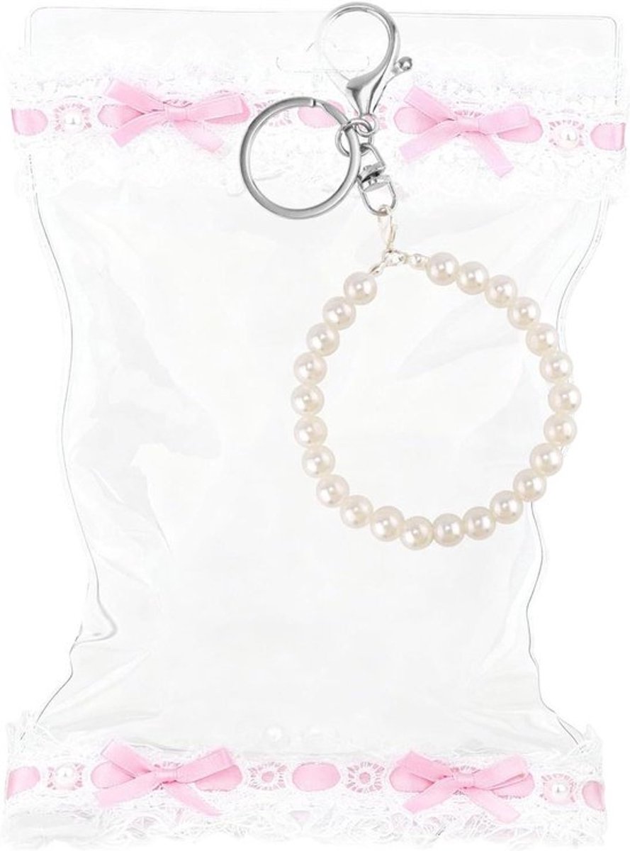 Transparante poppendisplaytas 15x25cm met kanten rand en parelsleutelhanger - Opbergaccessoires voor pluchen speelgoed - Decoratieve draagtas voor poppen