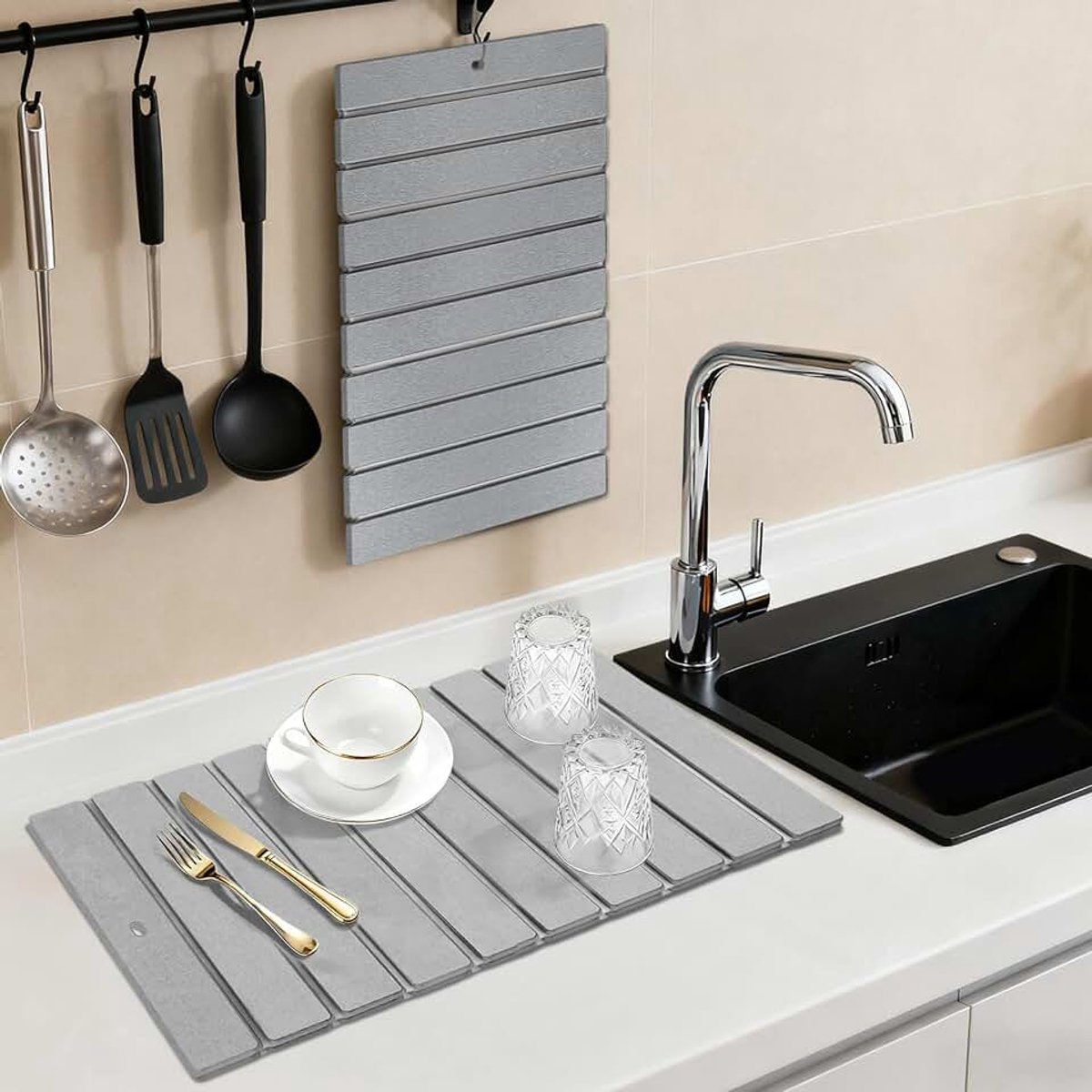 Drogen badmat aanrecht grote grijze opvouwbare diatomeeënaarde schotel droogmat voor badkamer gerechten gebruiksvoorwerpen kopjes aanrecht sneldrogend bad mat keuken woondecoratie accessoires