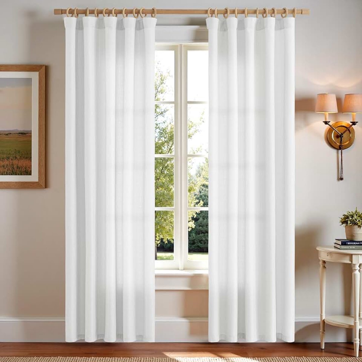 Gordijnen met plooiband, wit, set van 2 stuks, 140 B x 225 H cm, gordijnen voor woonkamer, modern, slaapkamer, kinderkamer, linnenlook, landhuisstijl, halftransparant