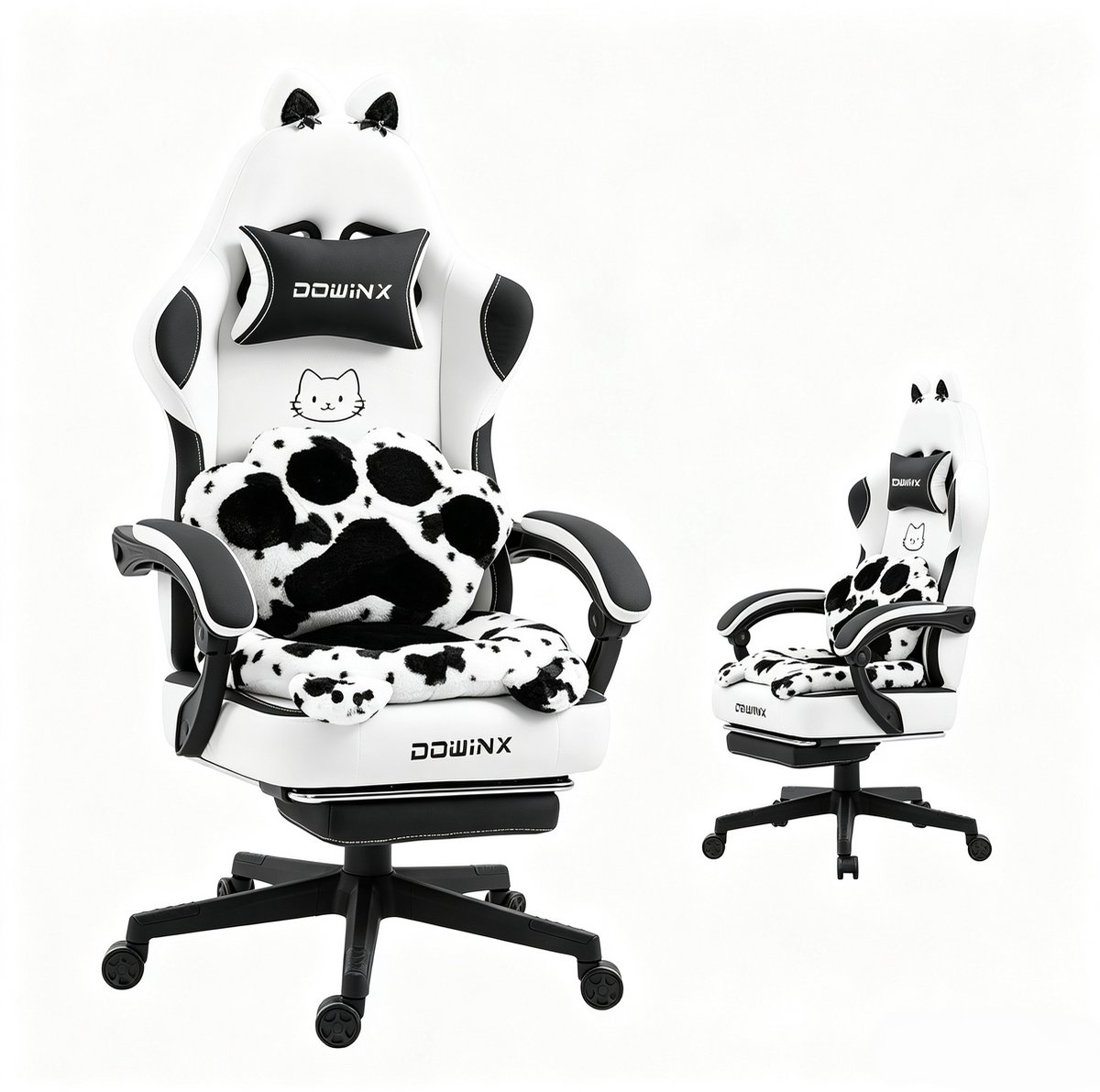 Dowinx Gaming stoel- ergonomische stoffen gamestoel met kattenoren - kattenpoot kussens - voetsteunvleugelloos breed zitvlak - tasveren verstelbare bureaustoel tot 140 kg