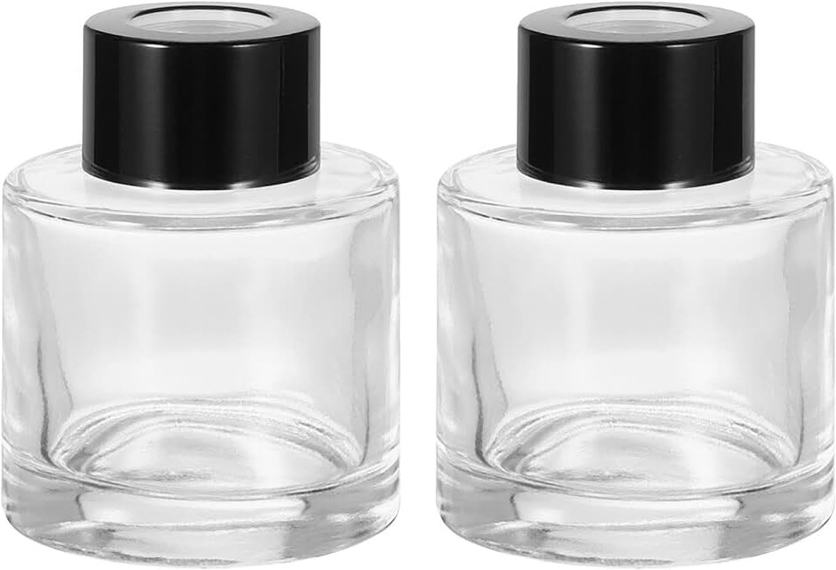 Lege glazen diffusorfles, 50 ml, inhoud 6,5 cm x 5 cm, navulbare geuraccessoires, aromatherapiehouder voor vervanging, rieten diffuser, doe-het-zelf, thuis, badkamer, transparant, 2 stuks