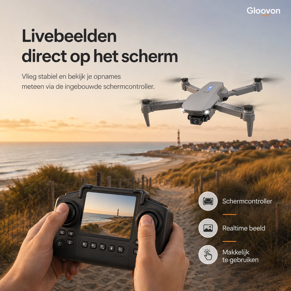 Gloovon® Drone met Camera - Controller met Scherm - 4K HD Dual Camera - 4 Accu's - 72 min Vliegtijd - Inklapbaar - Grijs thumbnail 4