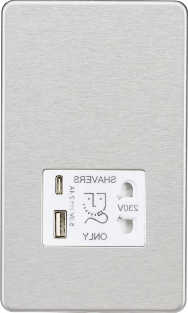 Scheerapparaat Stopcontact - Dubbele USB Poort - Badkamer Opladen - Schroefloos Ontwerp - 4.3mm Profiel - Geborsteld Chroom
