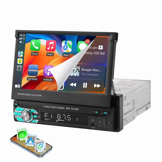 ESSGOO 1 DIN autoradio - 7" HD touchscreen handmatig opvouwbaar scherm - Apple CarPlay & Android Auto & MirrorLink - USB, AUX, TF, FM - achteruitrijcamera