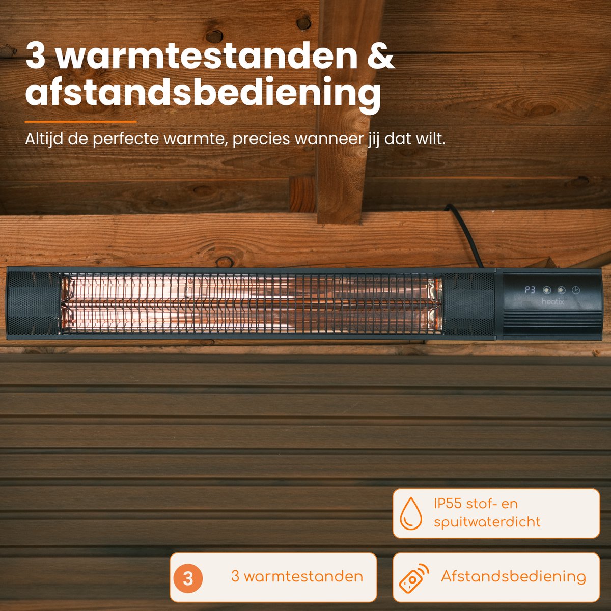 Heatix Carbon Rose Gold Terrasverwarmer – Elektrisch Infrarood Wandmodel – 2500W – Afstandsbediening – Warmtestanden – IP65 – foto 3