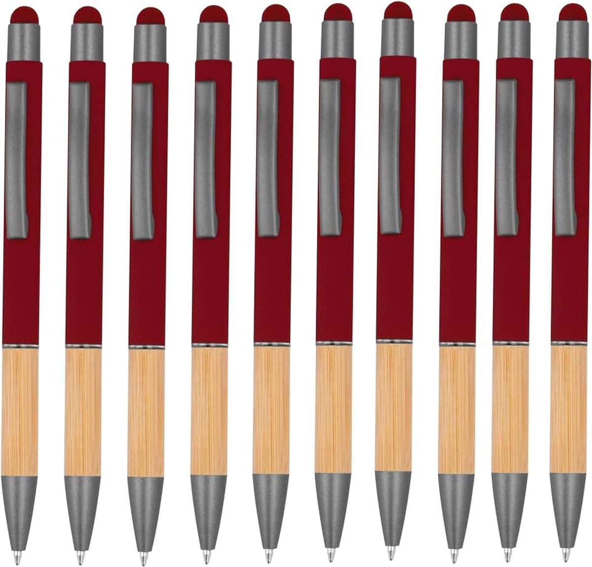 Balpennen met metalen punt en bamboe gripzone en touchfunctie 10 kleuren balpen meerkleurig blauw schrijvend (wijnrood)