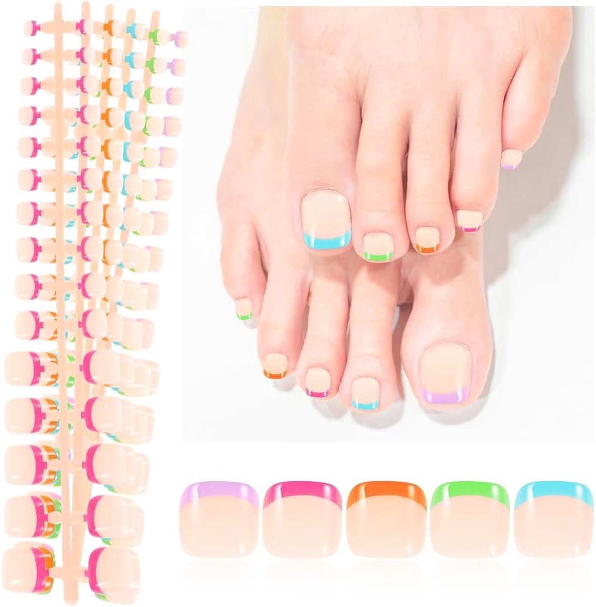 150 stuks valse teennagels, 5 kleuren, volledige dekking, Franse kunstteennagels met handgrepen, 3-in-1 X-coat tip, gel, om op te plakken, voor vrouwen en meisjes, doe-het-zelf nagelkunst