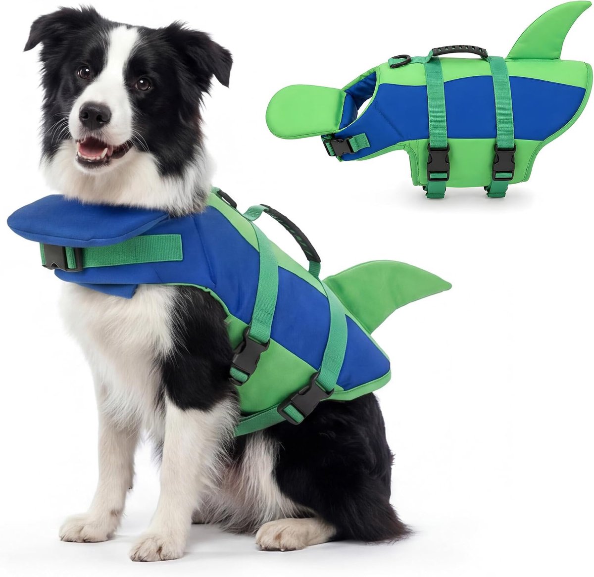 Hondenzwemvest - Maat S - Reddingsvest hond - Verstelbaar hondenbadpak - met Haaivinnen - Reflecterend drijfvest - met Reddingsgreep & D-Ring - voor Kleine & Middelgrote Honden - voor zeilen en strand - Blauw groen