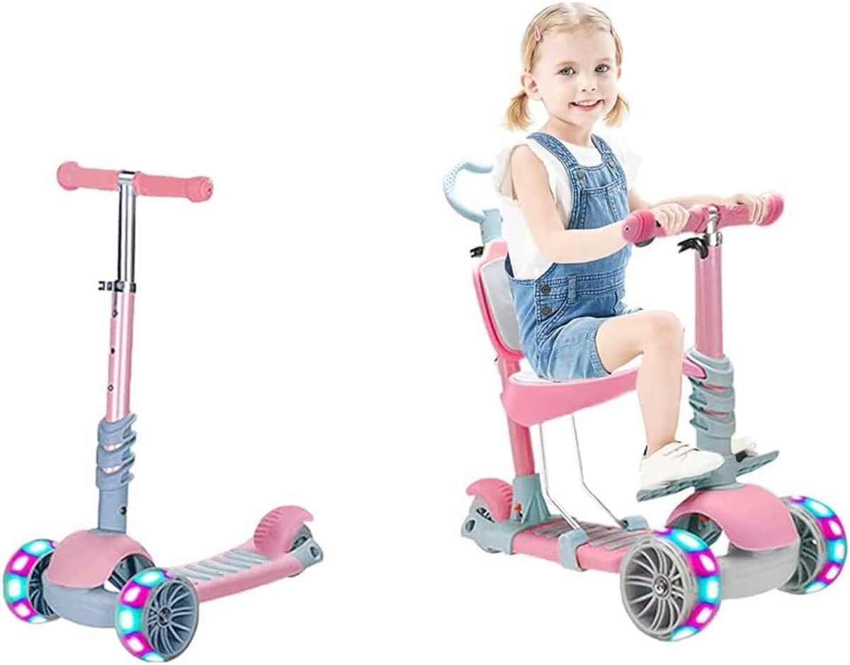 Kinderstep voor kinderen, 5-in-1, step met wielen en afneembare zitting, in hoogte verstelbaar, voor meisjes en jongens van 3 jaar