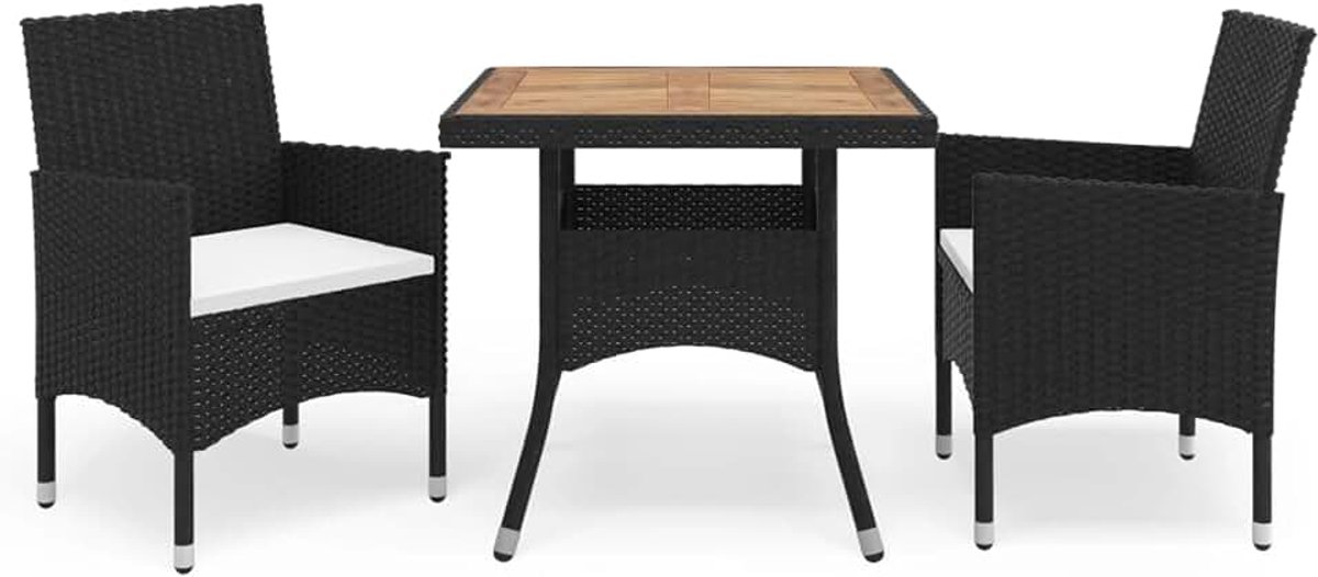 Homelen Tuineetset, 3-delig, zwart, polyrotan en acaciahout, weerbestendig, gespreks- en eetruimte, outdoor, patio, meubelset voor terras, tuin, balkon