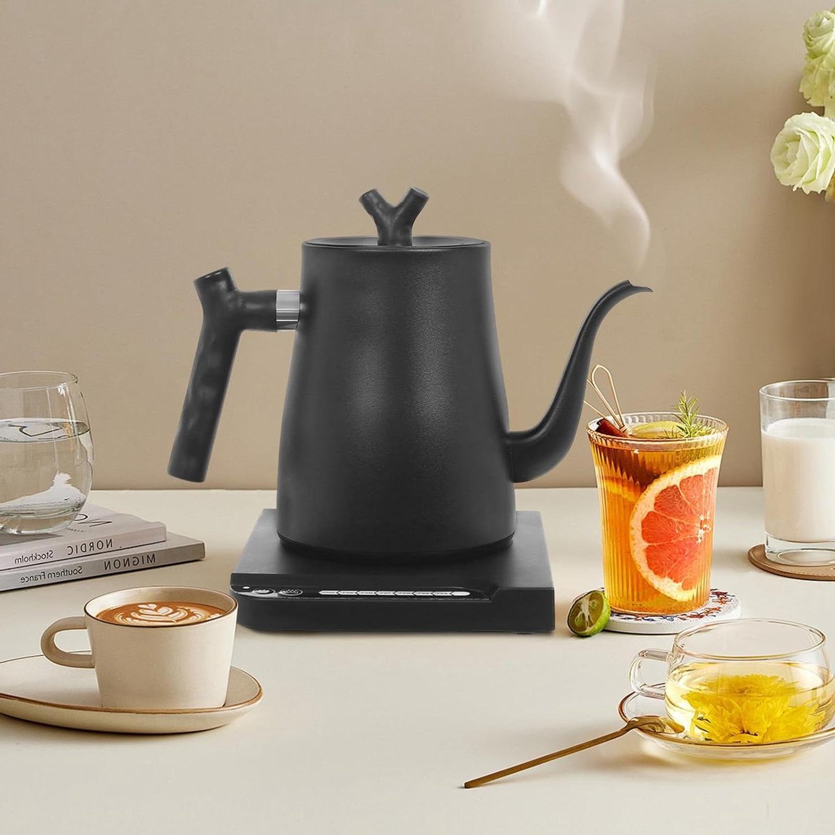 Elektrische Waterkoker - Theeketel Zwanenhals - Koffie Thee Brouwen - 7 Temperatuur Niveaus - 1 Liter - Zwart