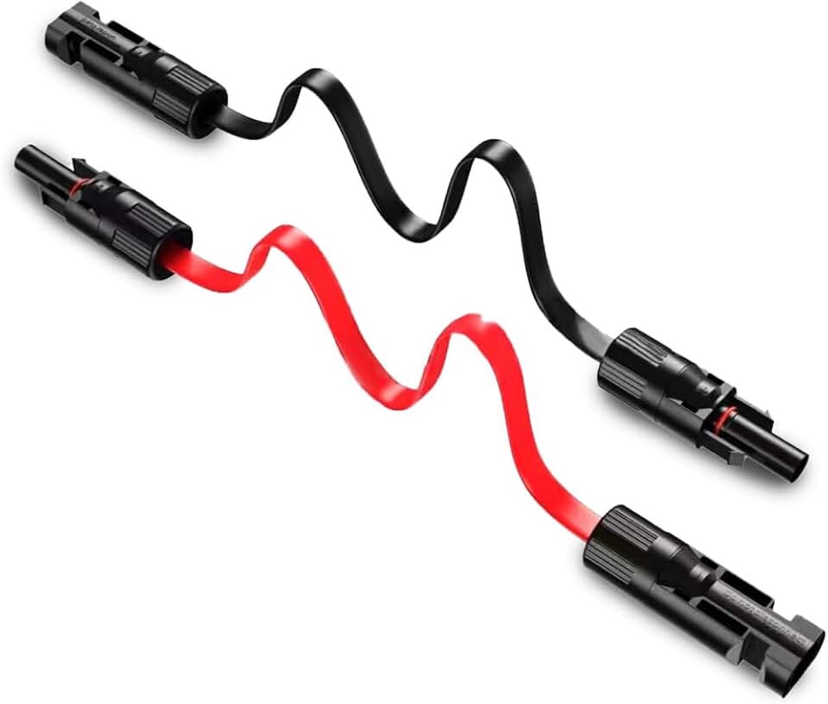 Kabel voor zonnepanelen 4 mm², 1 paar verlengkabel op zonne-energie 100 cm met stekker en scharnier, platte PV-zonnekabel voor centrale zonnepanelen voor balkon (rood + zwart)
