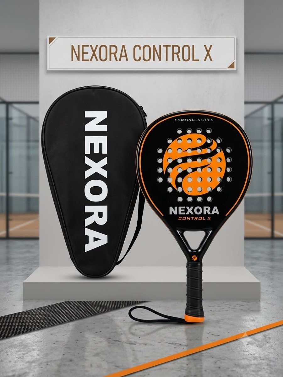 NEXORA Control X Padelracket – 100% Carbon – Rond – 365-375g – Medium Balans – Zwart/Oranje- Inclusief Padel Tas