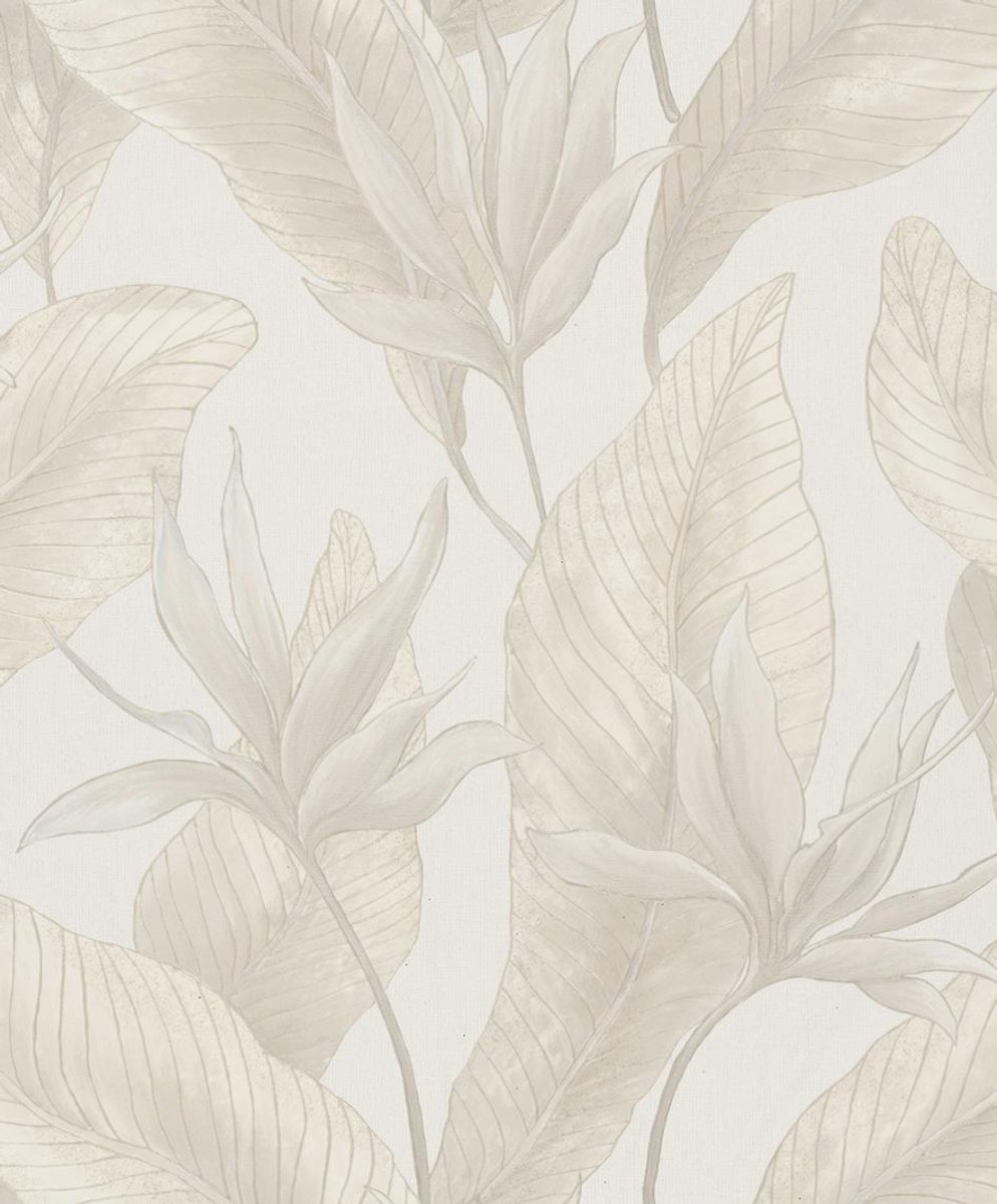 Behang - Bladeren - Luxe Structuur - warm wit - Glans - Hotel Chique - Vliesbehang - Romantisch behang - Slaapkamer - 0,53 x 10,05 M – Whisper