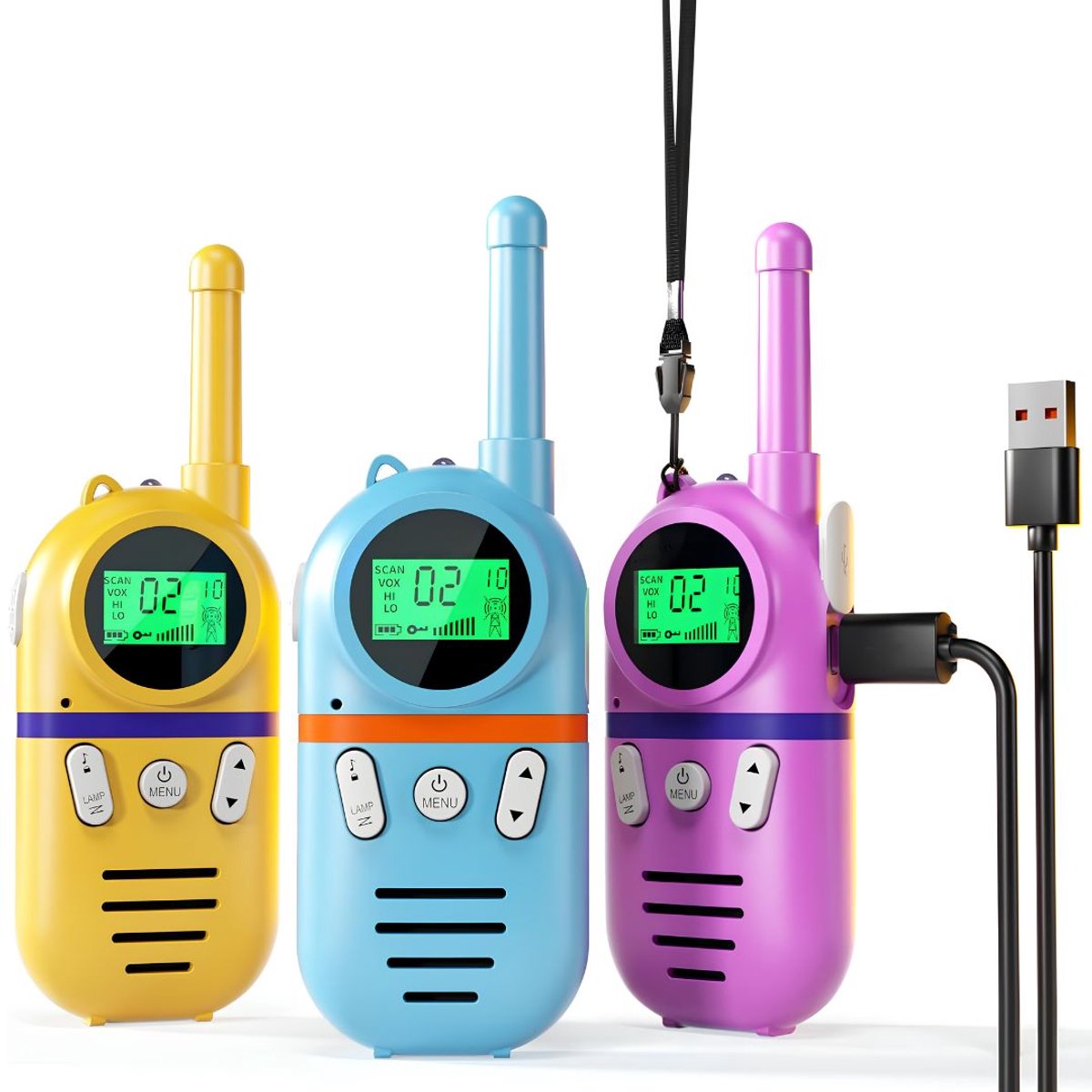 JCP® Walkie Talkie Kinderen - Walkie Talkie Kinderen Oplaadbaar - Walkie Talkie voor Kinderen - Geel/Blauw/Paars - 3cm x 6cm x 15cm