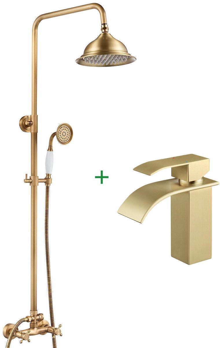 Auralum Max Regendouche - Antiek Messing Doucheset - Retro Koperen Regendoucheset - Met Goud Wastafelkraan - Hoogte Verstelbaar 88 -126 cm - Wandmontage - Dubbele Mengkraan - Waterbesparend