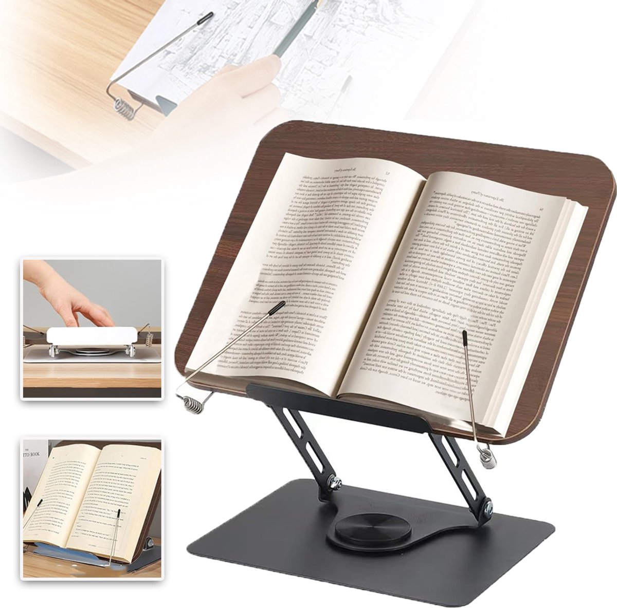 360° Draaibare Houten Boekenstandaard Met Metalen Klemmen En Opvouwbaar Ontwerp - Zwart Walnoothout Stevig Draagbaar - Ideaal Voor Schoolboeken Kookboeken En Laptops - Schoolspullen