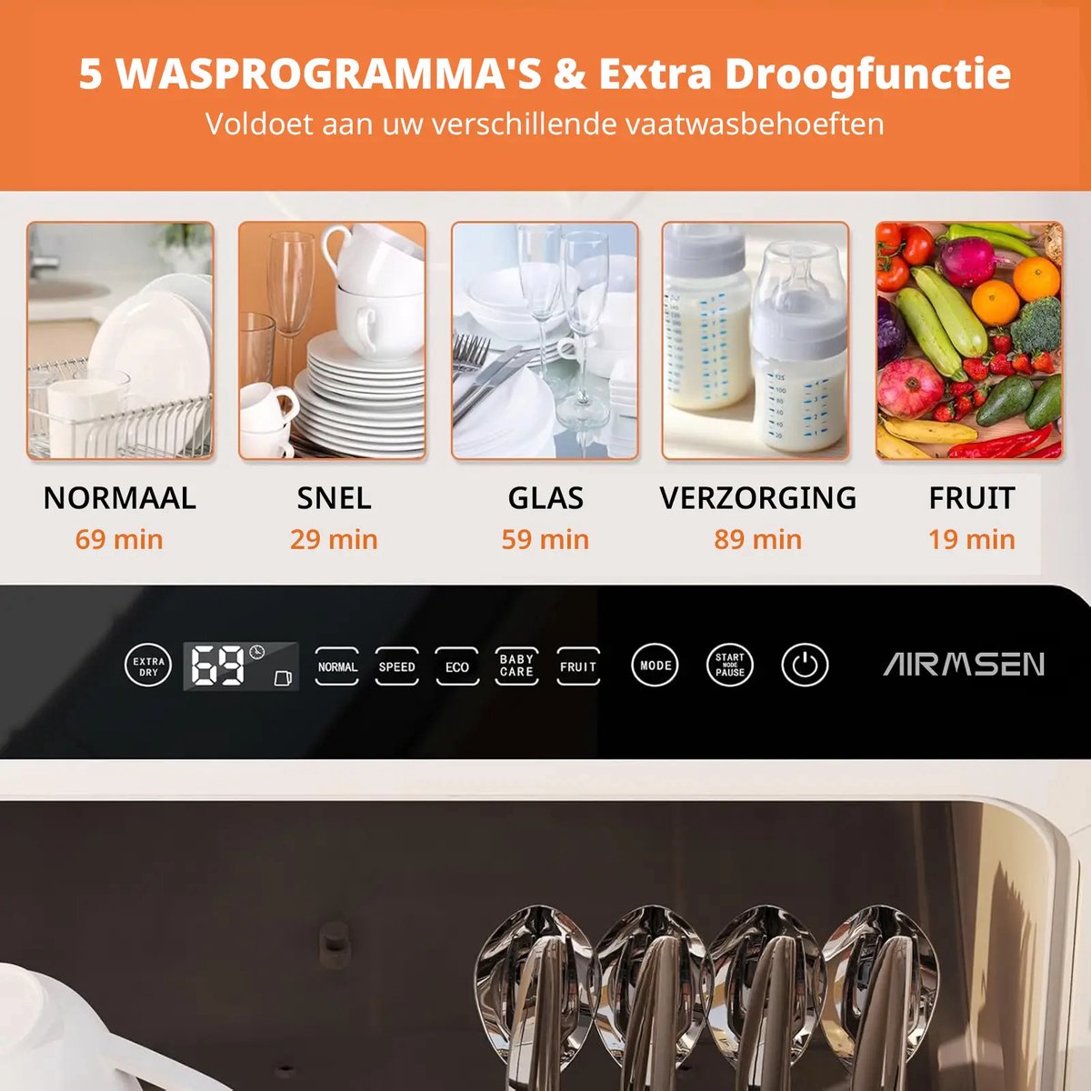 AIRMSEN Mini Vaatwasser - Met 5L Watertank - Zonder Vaste Wateraansluiting - 5+1 Programma's - 4 Couverts - Vrijstaande Afwasmachine - Wit/Zwart thumbnail 6
