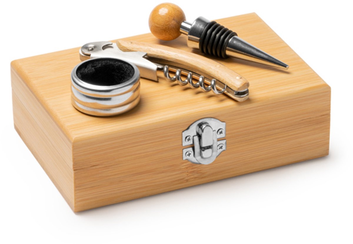 20 pack voordeel pakket Wijnset met rvs en bamboe accessoires. Trekkraan kurkentrekker met vouwmes, stopper en druppelring. Presentatie in een behuizing van bamboe met binnengevoerde lining en eco design box TINTOS 4129