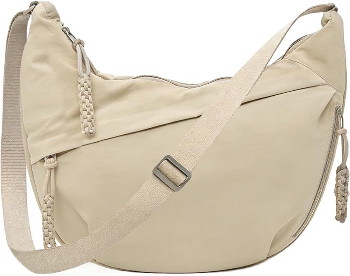 VHV - Schoudertas Dames - Halve Maan Crossbodytas met Ruime Inhoud - Opvouwbare Nylon Hobo Tas met Verstelbare Band en Meerdere Ritsvakken - Voor Werk, Reizen en Dagelijks Gebruik