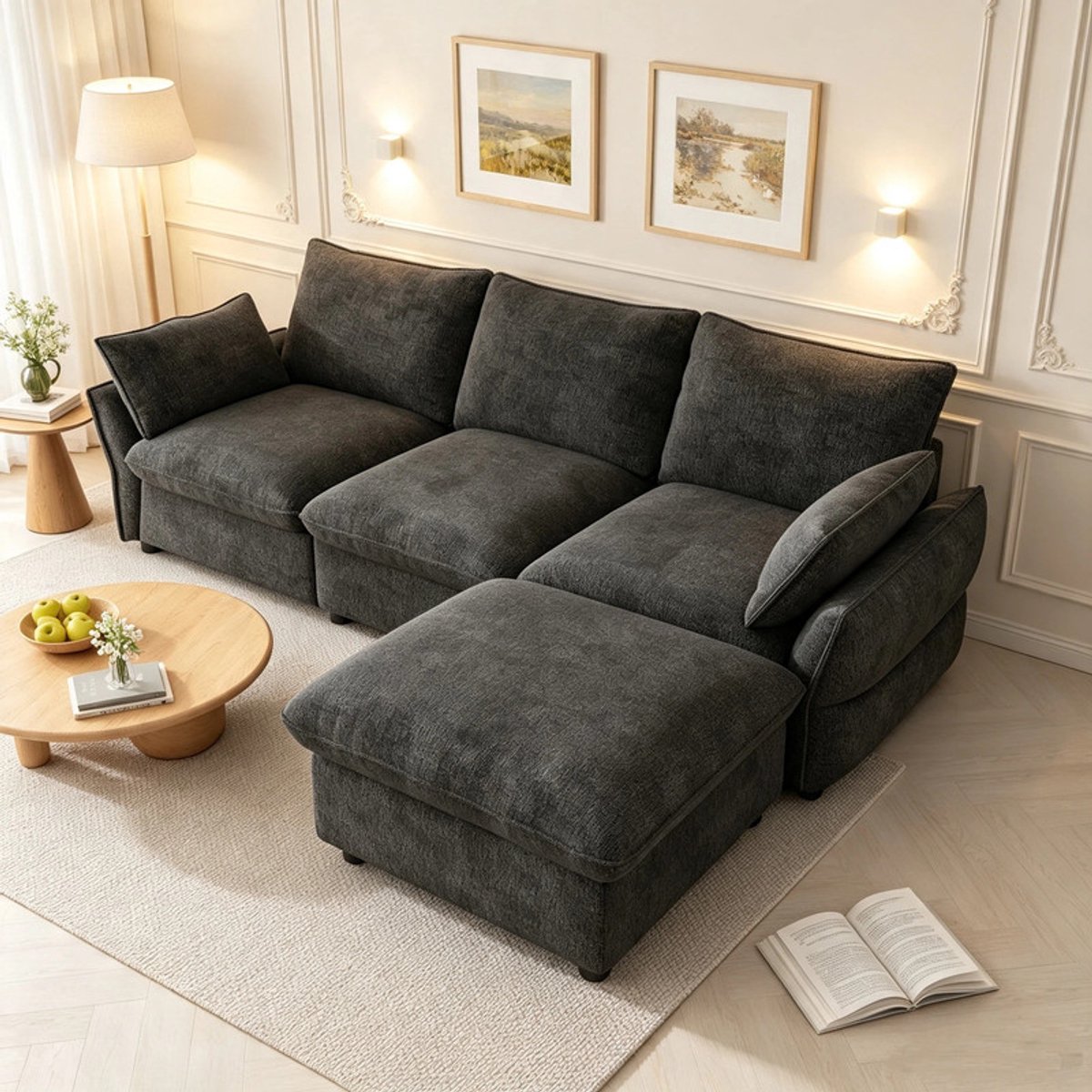 Moderne Hoekbank, L-Bank Met Hocker (Inclusief 1 Kruk), 3-Zits Bank Van Chenille, Geschikt Voor Woonkamer, Appartement En Eenpersoonshuishouden, Donkergroen, 222,5 X 154,5 X 76,5 cm-Donkergrijs