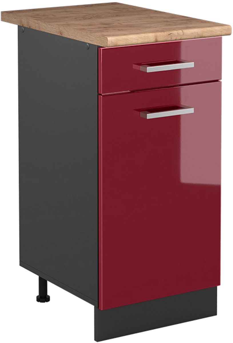 Vicco Keukenonderkast R-Line, Rode hoogglans/Antraciet, 40 cm goudkleurig eiken werkblad