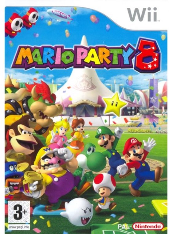 Mario Party 8 Wii-spel met Mario, Luigi, Princess Peach, Bowser, Donkey Kong en andere Nintendo-personages op een groen veld met een feestelijke achtergrond.