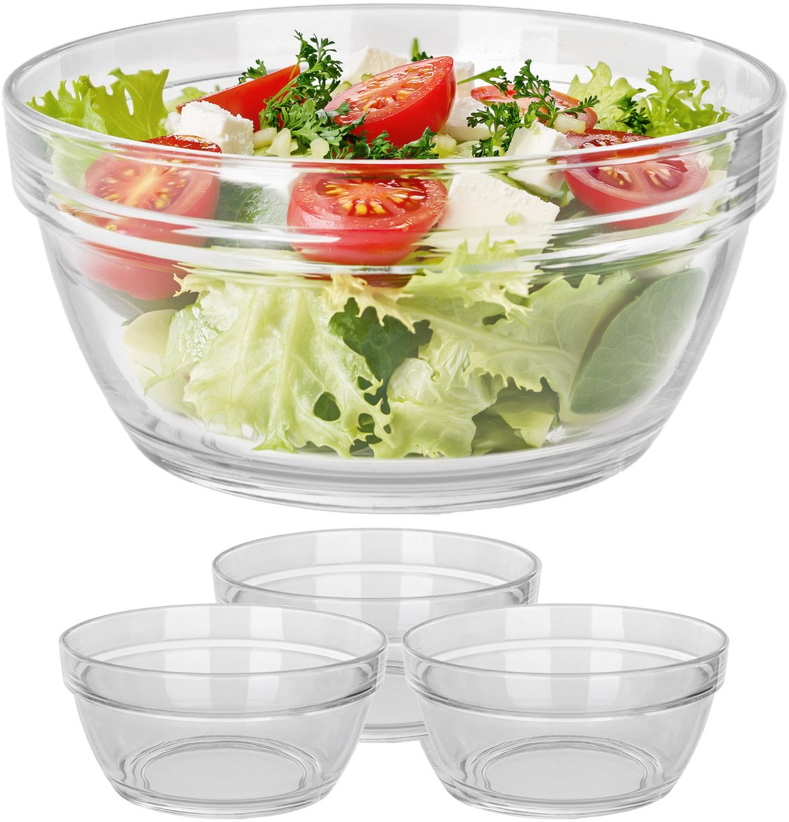 KADAX glazen schalen ⌀ 17 cm, set van 3, glazen slakommen, soepkommen, serveerschalen voor salade, dessert, fruit, hapjes en bijgerechten, dessertschalen