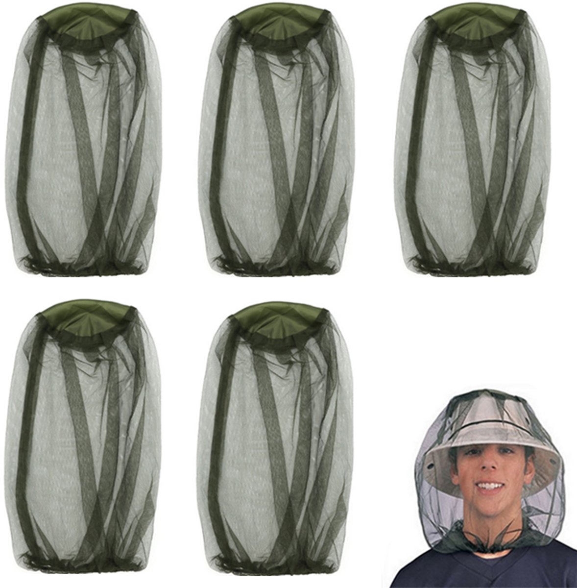 5 Stuks - Hoofdnet - Hoofdnetje Tegen Muggen - Wespen Hoed - Anti-Muggen Hoofdnet - Imker Hoed - Muggennet - Mosquito Headnet - Antimuggen Hoofdnet - Muskietenhoed voor Bijenhouden - Muggennet Hoofd Beschermend Tegen Insecten - Insectennetten
