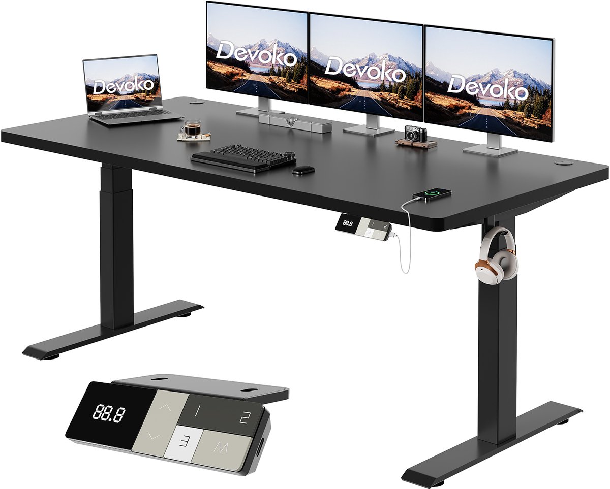 Devoko Elektrisch Zit-Sta Bureau 180x80 cm - Elektrisch Verstelbaar Bureau - In Hoogte Verstelbaar 63-128 cm - 25 mm FSC Tafelblad - Dubbele Motor - 125 kg - Zwart