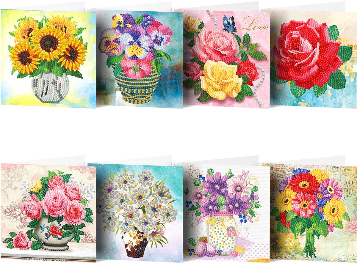 Casalora Diamond Painting kaarten - 8 Diamond Painting Wenskaarten - Bloemencollectie - DIY Kaarten, Speciale Diamanten, Enveloppen en Accessoires - B