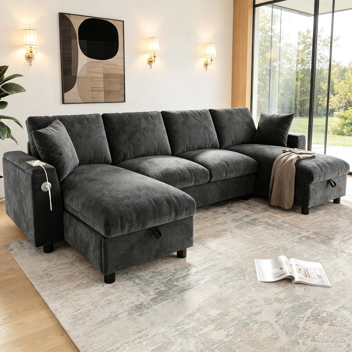 Moderne Hoekbank, U-Bank, 4-Zitsbank, Moderne U-Vormige Bank Van Chenille (2-Zits + Twee Chaise Longue-Elementen), Chaise Longues Met Uitklapbare Opbergruimte, Met 1 Usb-Poort En 1 Type-C-Poort-Grijs
