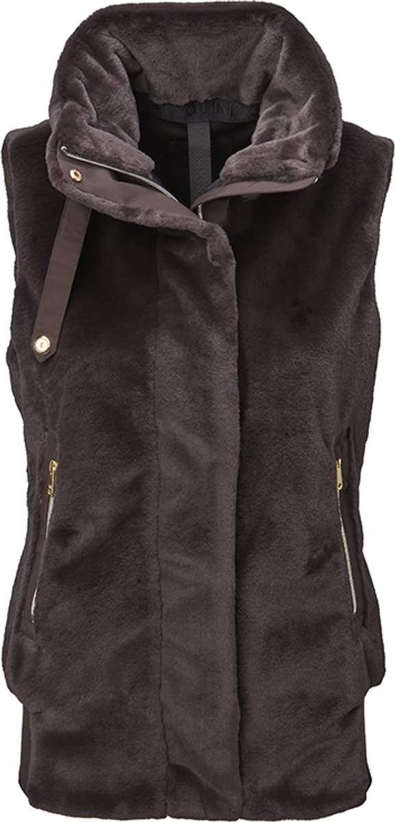 PK International - Taury - Fluffy Bodywarmer - Bodywarmer - Ritszakken - Gouden afwerking - Hoge kraag - Jersey voering - Coffee - Donkerbruin - S/36