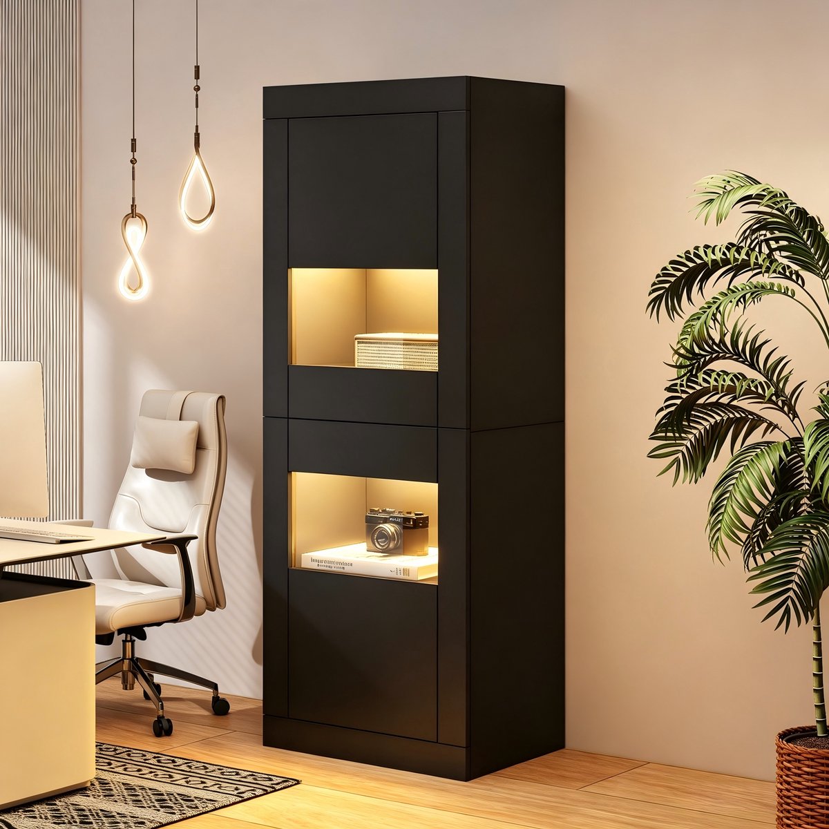 Schwarz Vitrine met LED-Beleuchtung - Modern Design - 162 cm Hoog - 61x42 cm