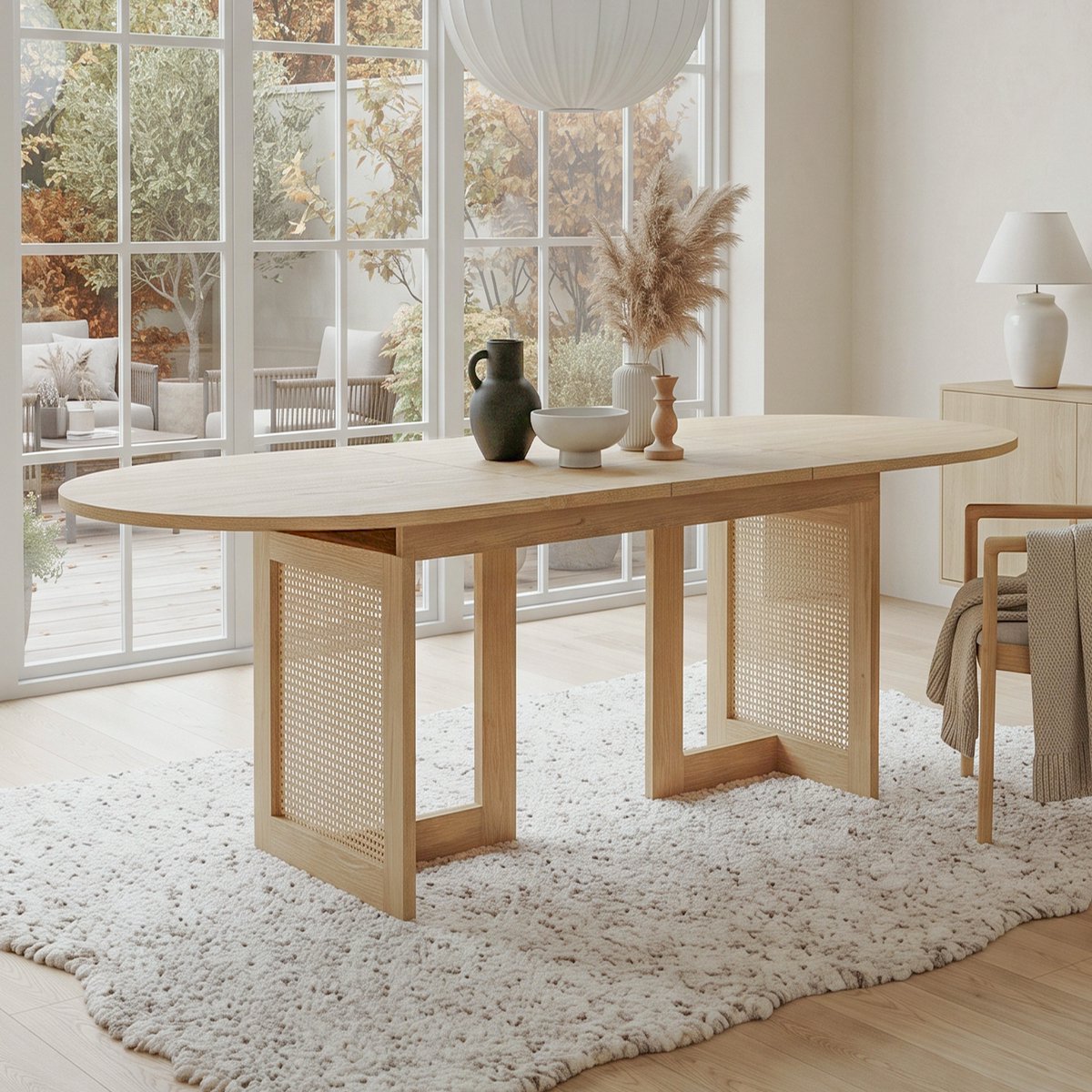 Uitschuifbare Eettafel 150/200x90 cm - Moderne Eettafel Met Rond Afgerond Blad, Rotan Look Poten, MDF Tafel Voor 6-8 Personen - Eikenlook